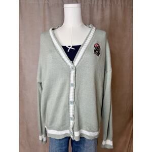 Thorn & Fable Sage Green Frog Mushroom Patch Varsity Cardigan SM Cottage